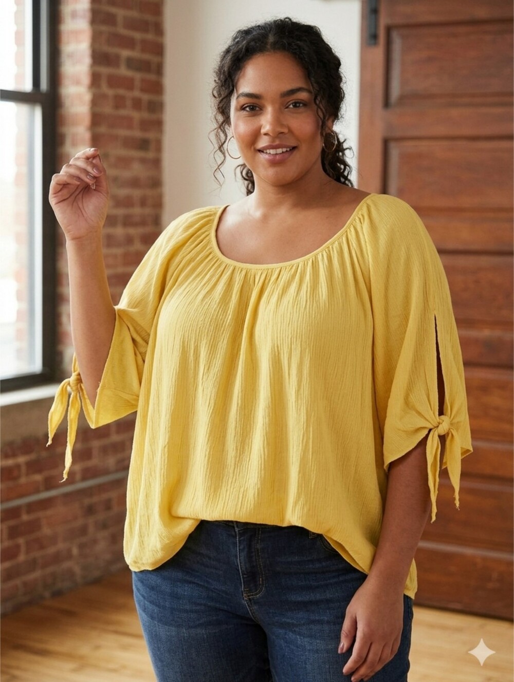 Ellen Weaver Plus Size Yellow Textured Flowy Tie Batwing Sleeve Blouse